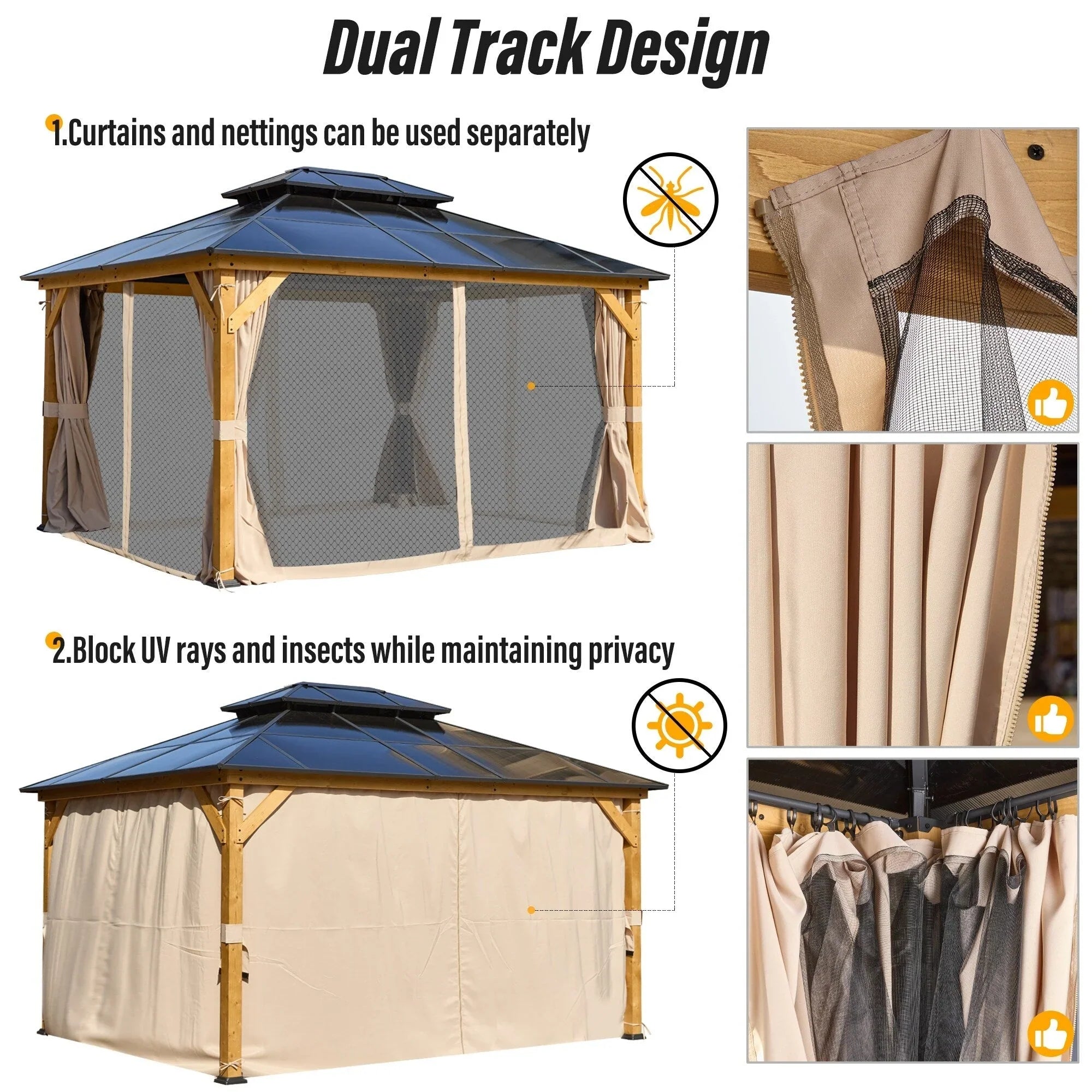 EROMMY Hardtop Gazebo,Outdoor Pergola with Double Roof & Netting & Curtains,Heavy Duty Canopy for Patio, Backyard, Pool party – Image 41