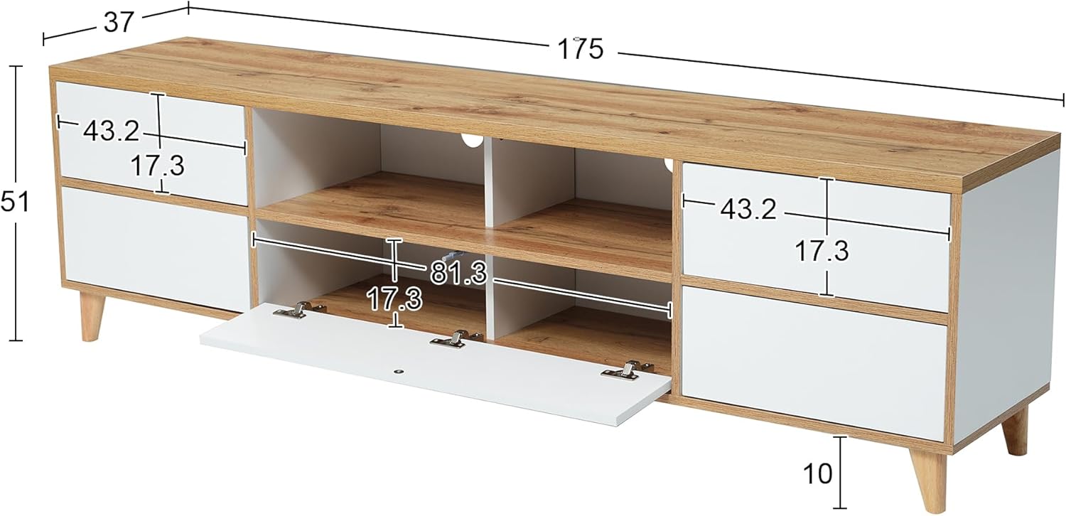 BTM Meuble TV Rustique, Banc TV avec Compartiments et Portes,pour Salon, Salle à Manger, Chambre, Rangement Pratique,Blanc et Bois Naturel,175x37x51cm – Image 7
