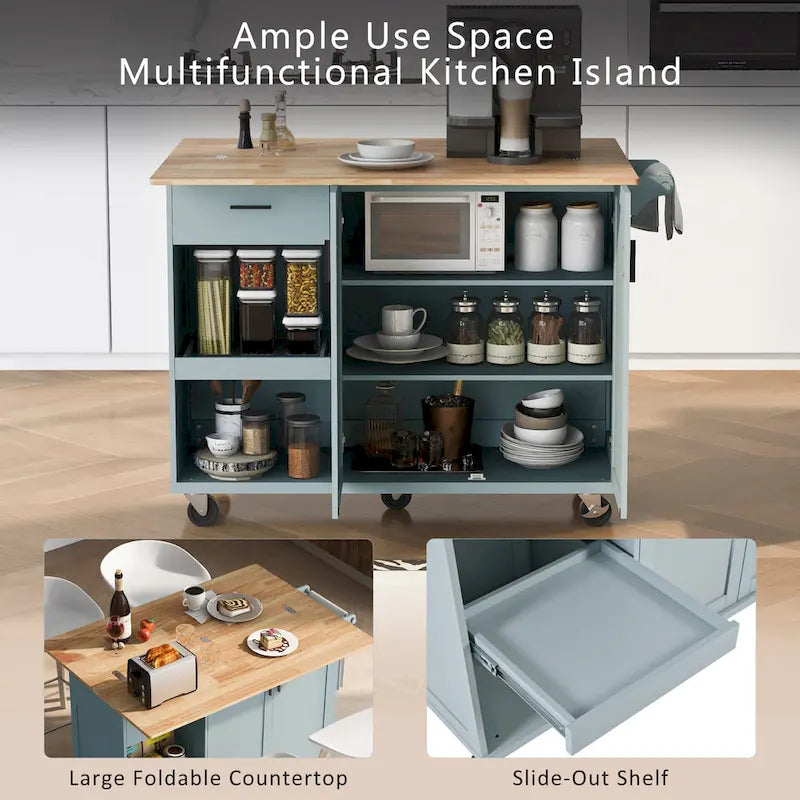 Kitchen Island with Foldable Counter Top, Kitchen Storage Cart with Slide-Out Shelf, Towel Rack and Drawer, Rolling Wheels – Image 4