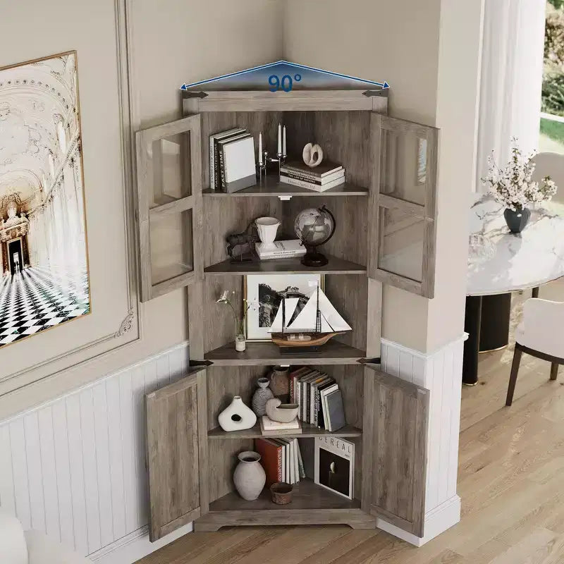 67 in Tall Corner Storage Cabinet with Lights, Farmhouse Corner Hutch Display Cabinet with Glass Doors, Wooden Storage Organizer for Kitchen, Bathroom – Image 15