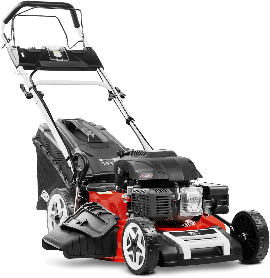 GREENCUT GLM880XE - Tondeuse Essence 224cc 7,5ch, démarrage électrique, autotractée, Lame Acier 53cm, Hauteur réglable, bac 65L, idéale Jardins Moyens/Grands Jusqu’à 2000m2