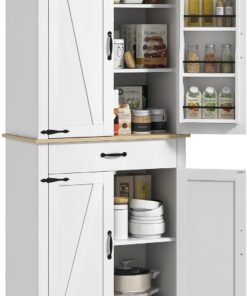 HOMCOM Armoire de Cuisine Buffet Cuisine vaisselier Meuble de Rangement avec 4 Portes, 6 étagères à Porte,1 tiroir et étagères réglables, 76,5 x 40 x 181 cm, Blanc