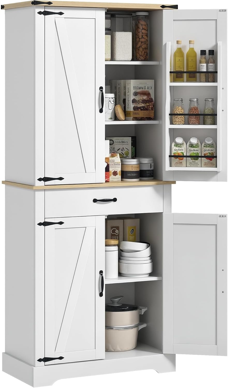 HOMCOM Armoire de Cuisine Buffet Cuisine vaisselier Meuble de Rangement avec 4 Portes, 6 étagères à Porte,1 tiroir et étagères réglables, 76,5 x 40 x 181 cm, Blanc