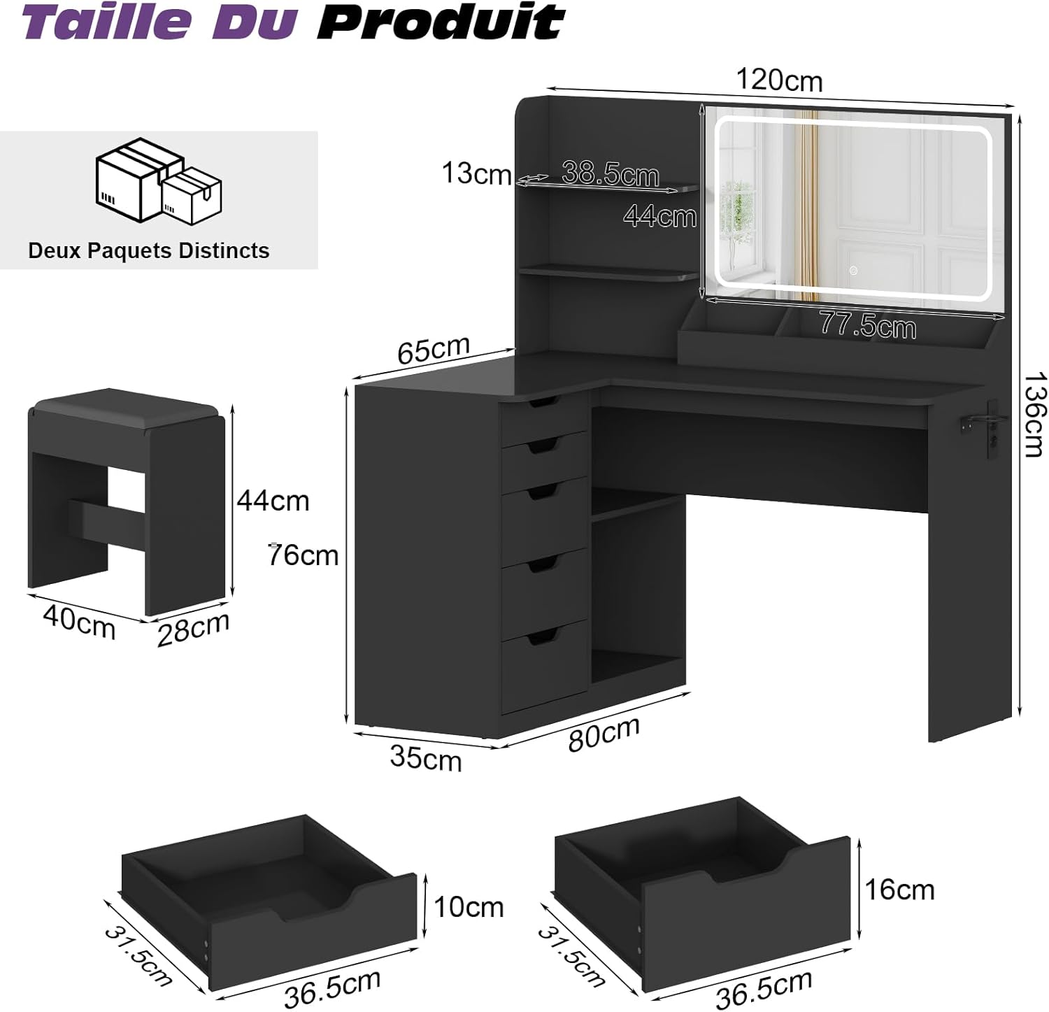 TRIUMPHKEY Coiffeuse avec Grand Miroir LED et Tabouret,Table de Maquillage en L avec Multiprise y Support de Sèche-Cheveux,5 Tiroirs,Cloison de Rangement,Étagères,Coiffeuse Moderne Noir – Image 5