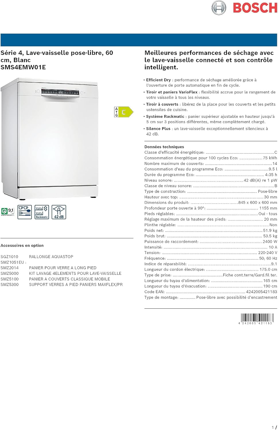 Bosch SMS4EMW01E - Série 4 - Lave-vaisselle Pose-libre - 60 cm - 14 couverts - Silence Plus 42 dB - Blanc – Image 10