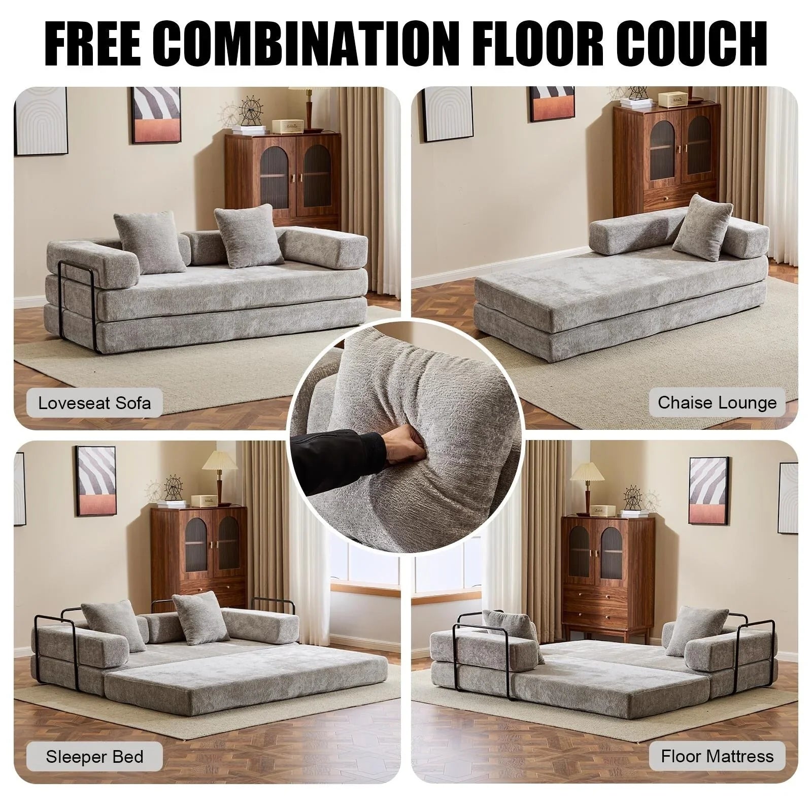 Convertible Floor Sofa Bed with Pillow Back Chenille Fabric for Living Room Bedroom – Image 9