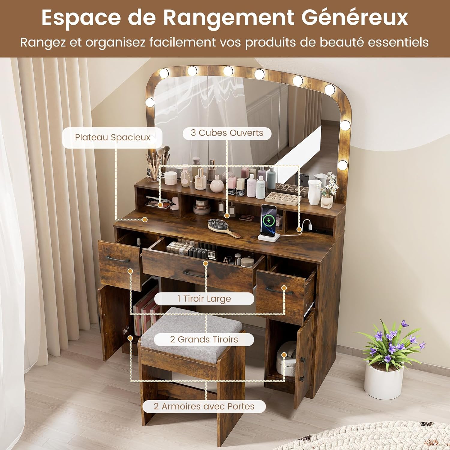 COSTWAY Coiffeuse avec Miroir et Tabouret, Coiffeuse avec Rangement, Station de Charge, 3 Couleurs de Lumière, Table de Maquillage 108 cm de Large, 3 Compartiments, 3 Tiroirs, 2 Armoires Industriel – Image 3