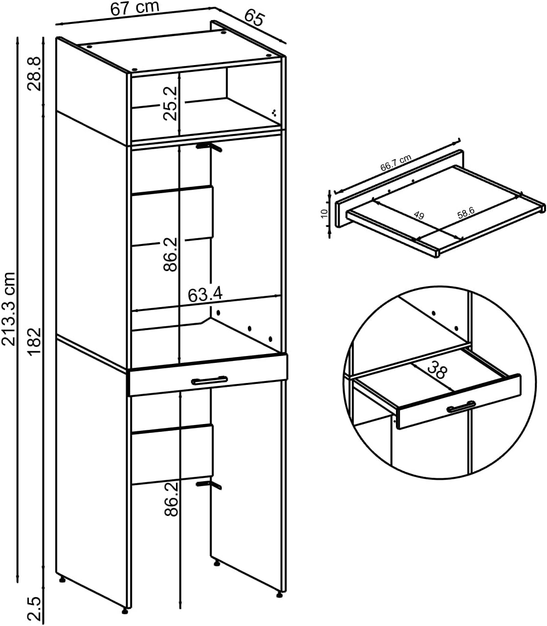 • Armoire de machine à laver pour sèche-linge et machine à laver • Avec planche coulissante • Blanc • Chêne noir • Armoire superposée (blanc, avec armoire pliante de 22 cm) – Image 2