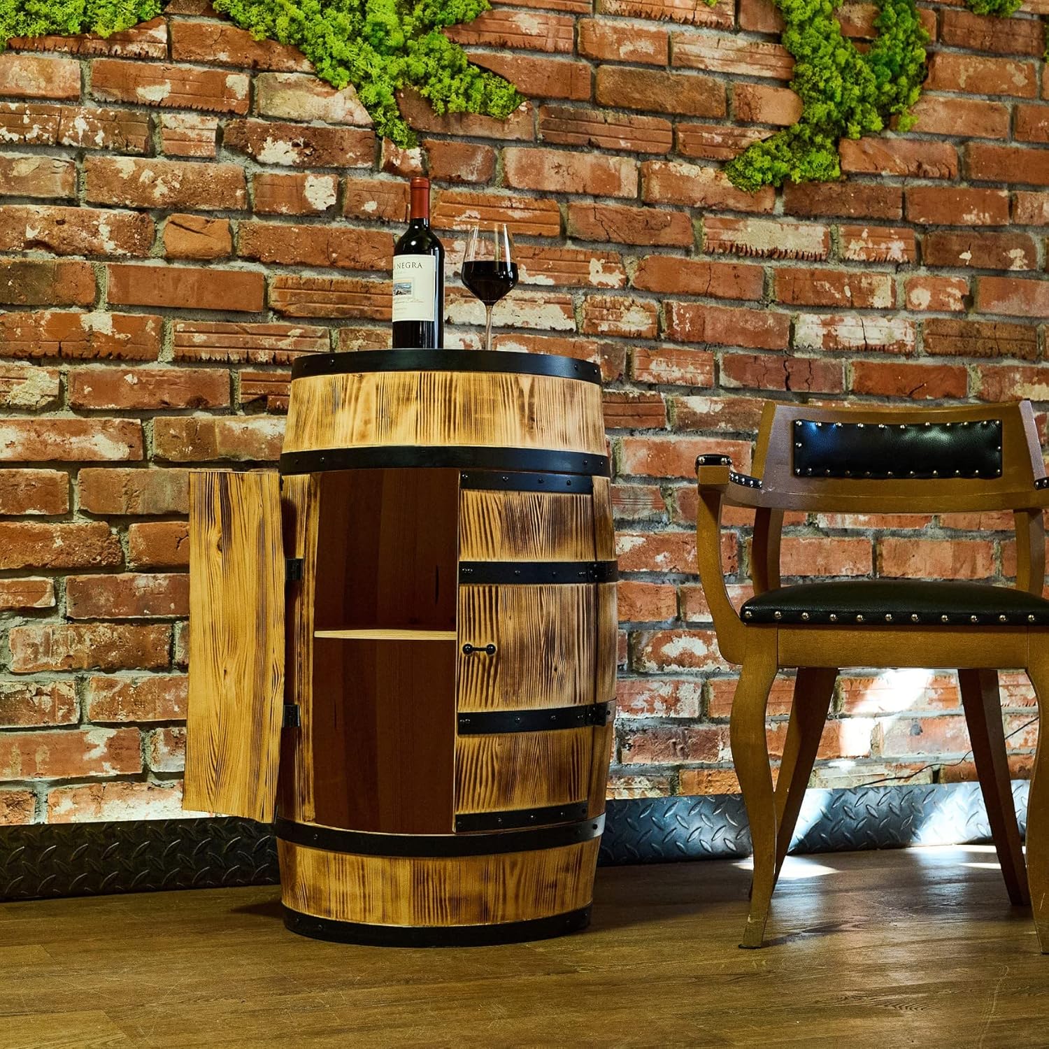 CREATIVE COOPER Tonneau à vin Table haute avec porte et LED RVB - Armoire à alcool Étagère à bouteilles en bois - Tonneau en bois - Mobilier tonneau - Bois de conifère - Étagère à vin - Bar à vin – Image 9