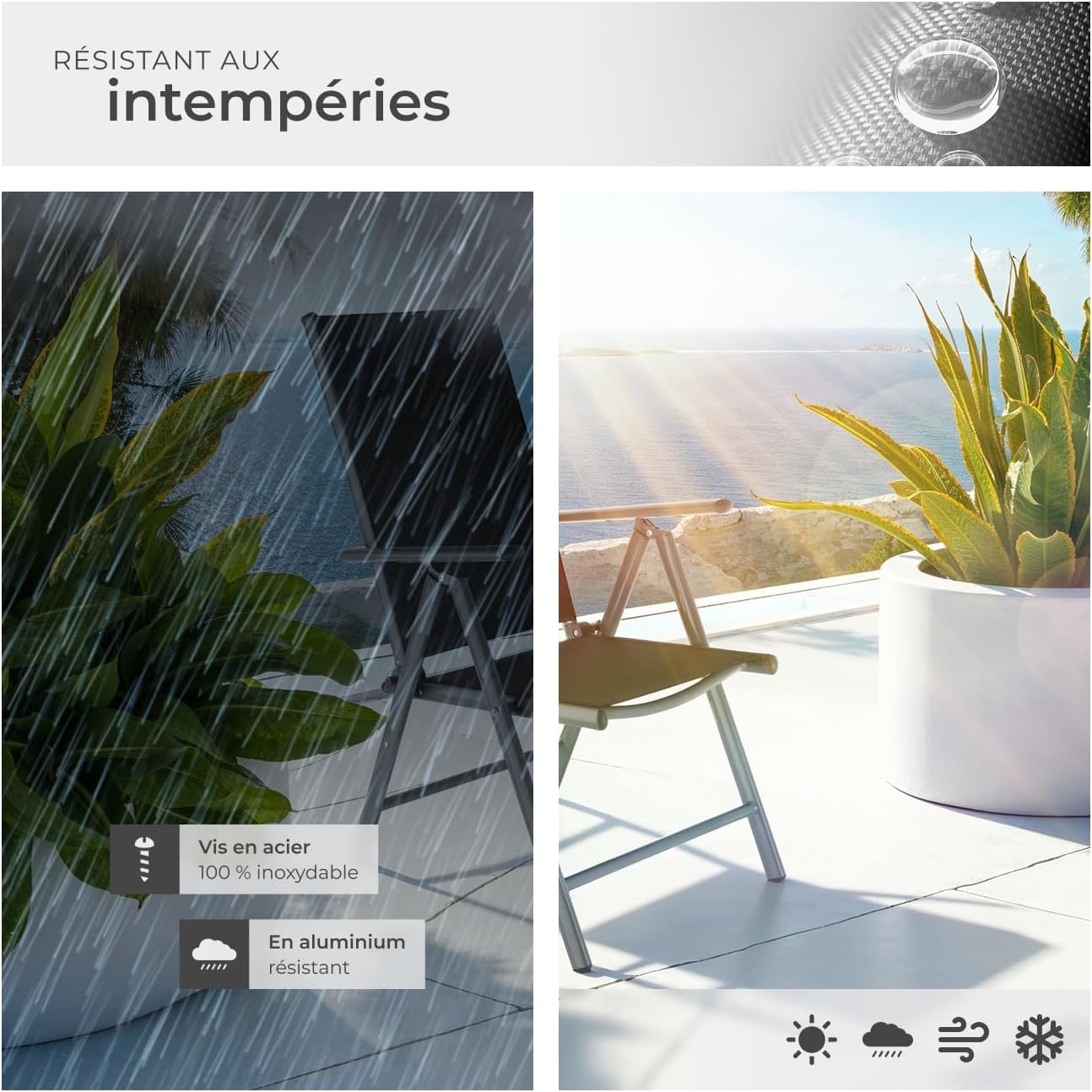 TecTake® Lot de 4 Chaises de Jardin Pliantes avec accoudoirs Chaises d´extérieur avec Cadre en Aluminium, Dossier Haut Réglable 7 Positions, Résistante intempéries, pour Salon de Jardin Exterieur – Image 7