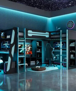 L-Shaped Gaming Loft Bed with Desks, Double Twin Loft Beds with LED Lights, USB Ports, Storage Bookshelves, Wood Corner Loft Bed for 2