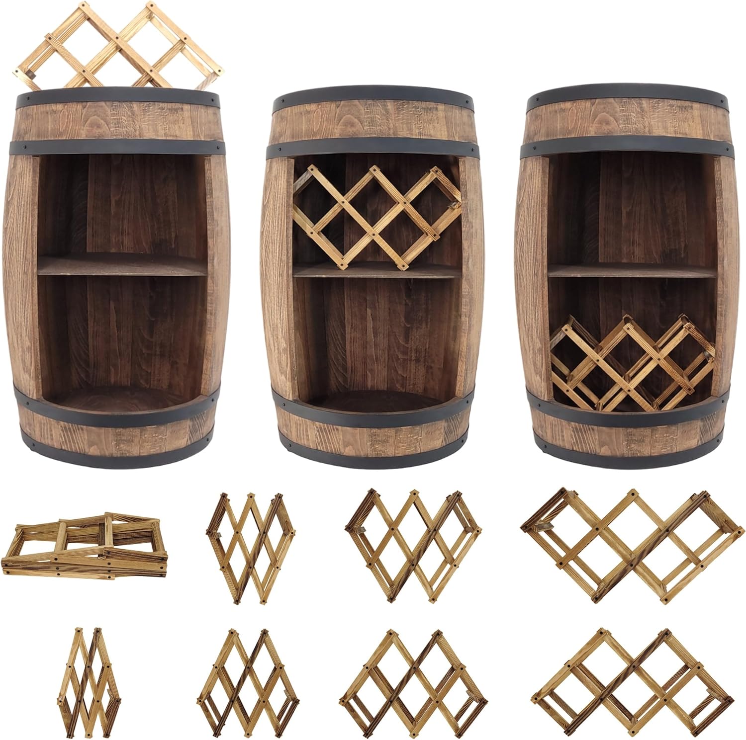 weeco Tonneau Bar en Bois avec Éclairage LED – Casier à Vin avec 2 Étagères et Porte-Bouteilles – Bar Rustique pour Salon ou Cave à Vin – Décoration Vintage – 80x50cm Marron – Image 4