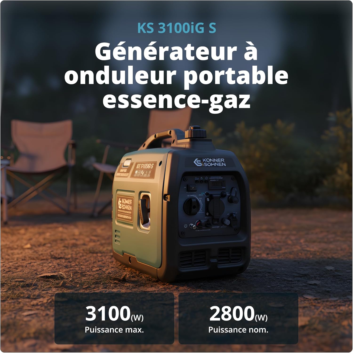 Könner & Söhnen Groupe électrogène à essence KS 3100iG S Groupe d'alimentation de secours 3100 W, Schuko 230 V, 2 ports USB, indicateur LED, mode éco,générateur d'énergie EURO V – Image 4