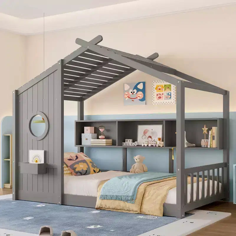 Polibi Floor House Bed with Built-In Storage Shelves & Slatted Roof – Image 2