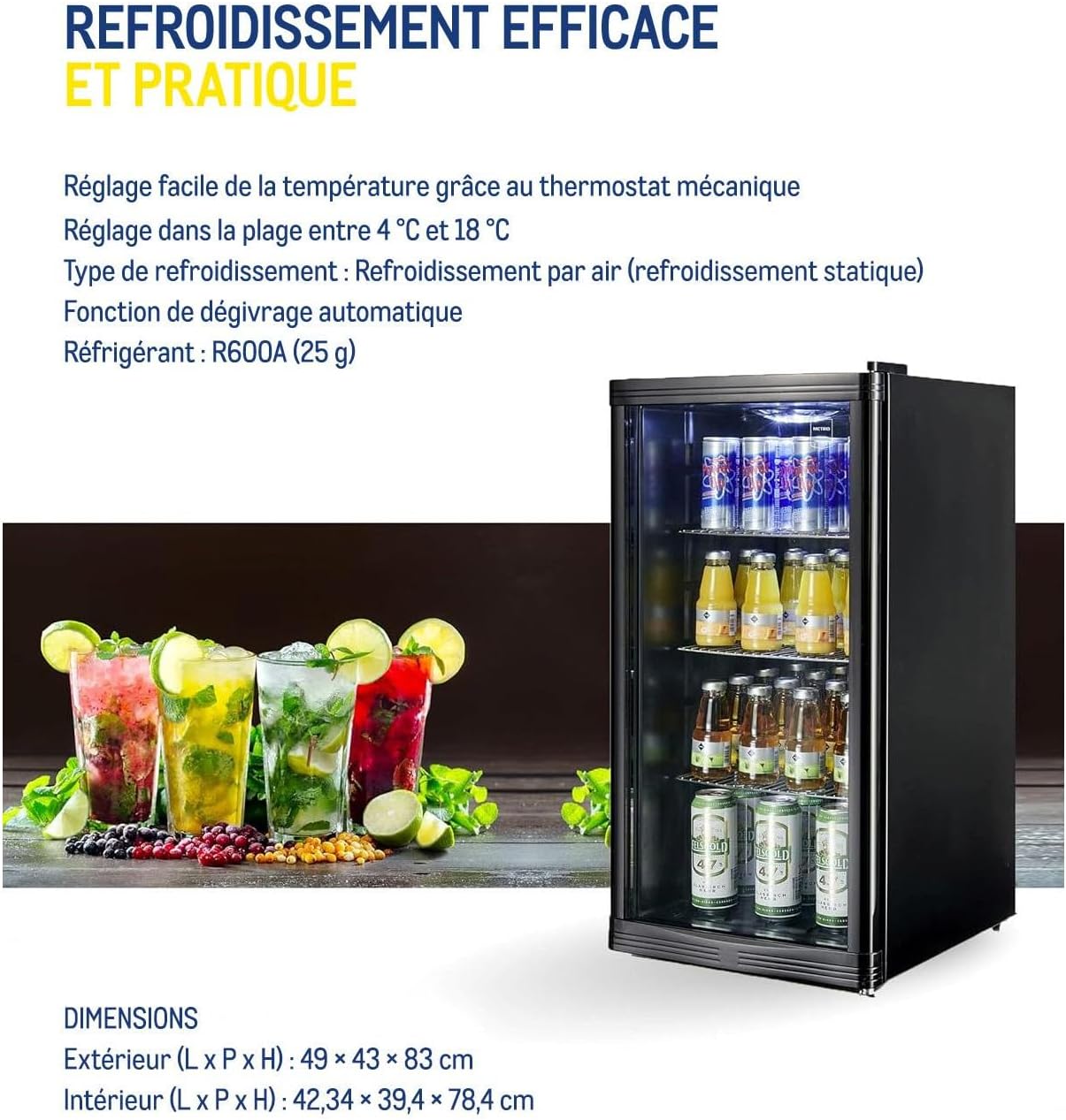 METRO Professional Réfrigérateur à boissons GPC1088, métal/verre, 43 x 49 x 83 cm, 88 L, réfrigération statique, noir – Image 2