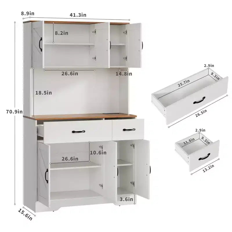 71 Kitchen Pantry Cabinet with Charging Station, Large Countertop, Microwave Stand & 2 Drawers,Hutch Storage for Dining & Living Room – Image 15