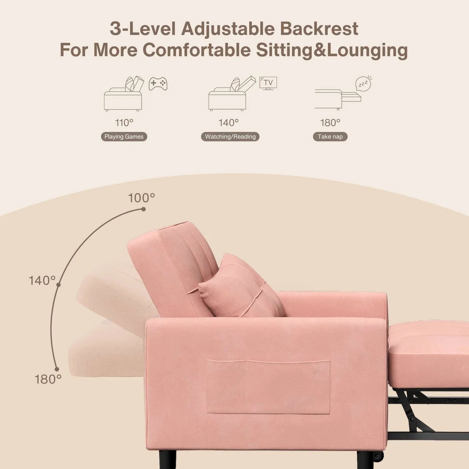 3-in-1 Adjustable Sleeper Sofa Bed, Pull Out Chair Sofa, Convertible Folding Bed for Living Room – Image 60
