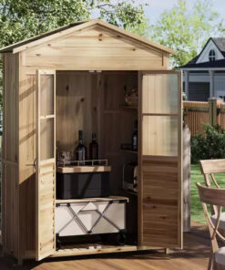 Weather-Resistant Wooden Patio Cabinet  Fir Wood with Waterproof Roof, 6 Adjustable Shelves, Stakes & Anti-Falling Kits  Ideal for Garden Tools
