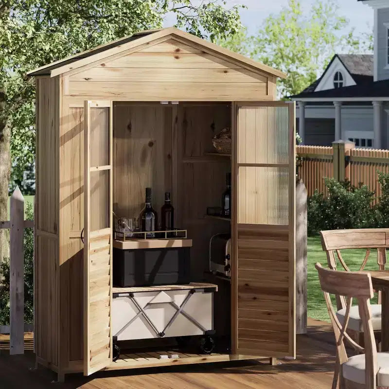 Weather-Resistant Wooden Patio Cabinet Fir Wood with Waterproof Roof, 6 Adjustable Shelves, Stakes & Anti-Falling Kits Ideal for Garden Tools
