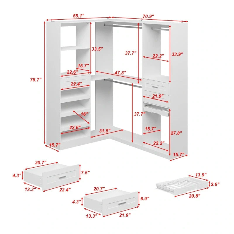 Corner Wardrobe Closet with 2 Hanging Rods, Pants Rack, and Shoe Storage Organizer Armoires – Image 17