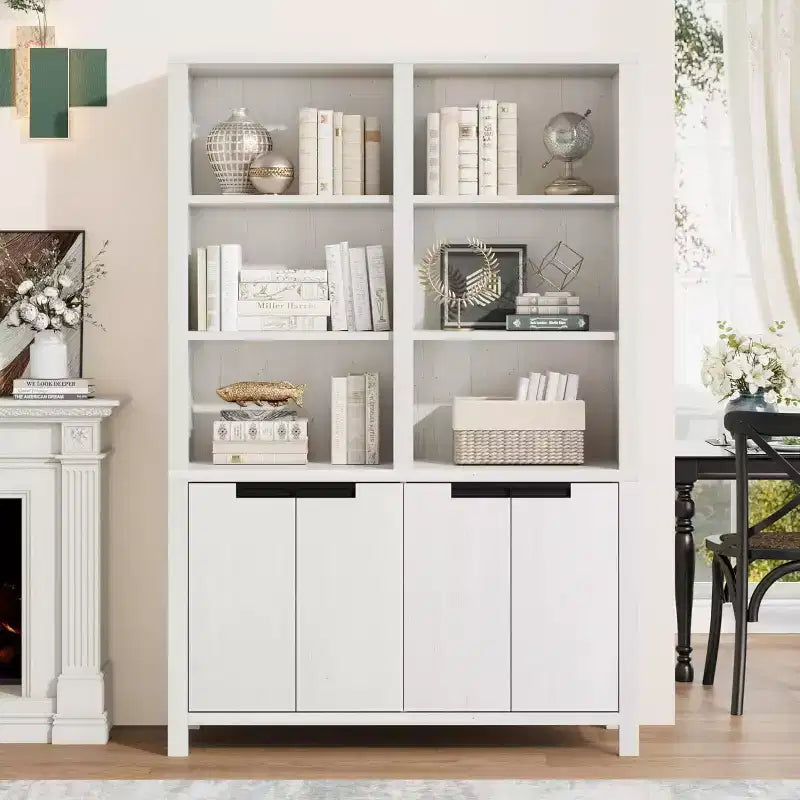 70.7Inch Tall Double Wide Bookshelf with Doors and Adjustable Shelves,5Tier Farmhouse Bookcase with Cabinet and Double Storage for Living Room,Office