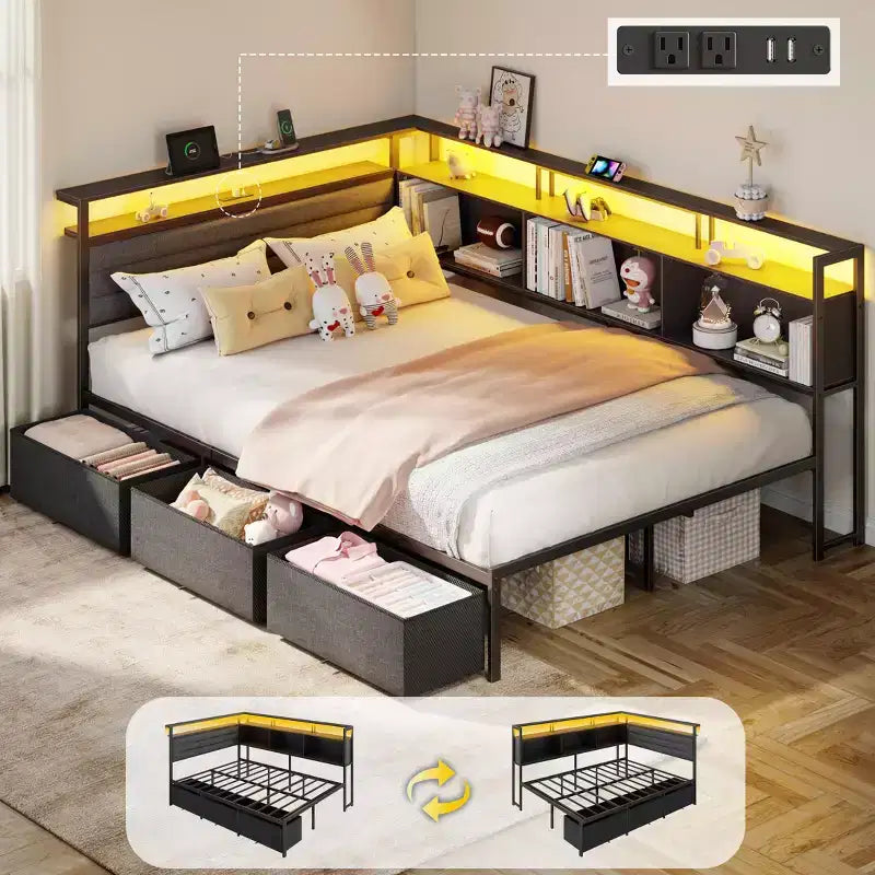 Black Full Bed Frame with LED Lights Charging Station Storage Bookcase 3 Drawers Upholstered Headboard Corner Daybed No Box Spring Support – Image 3