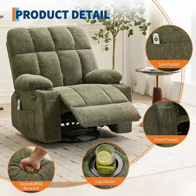 Oversized Recliner Chair for Adults, Manual Swivel Rocker Sofa, Side Pockets & Cup Holders for Big and Tall Persons, Living Room – Image 16