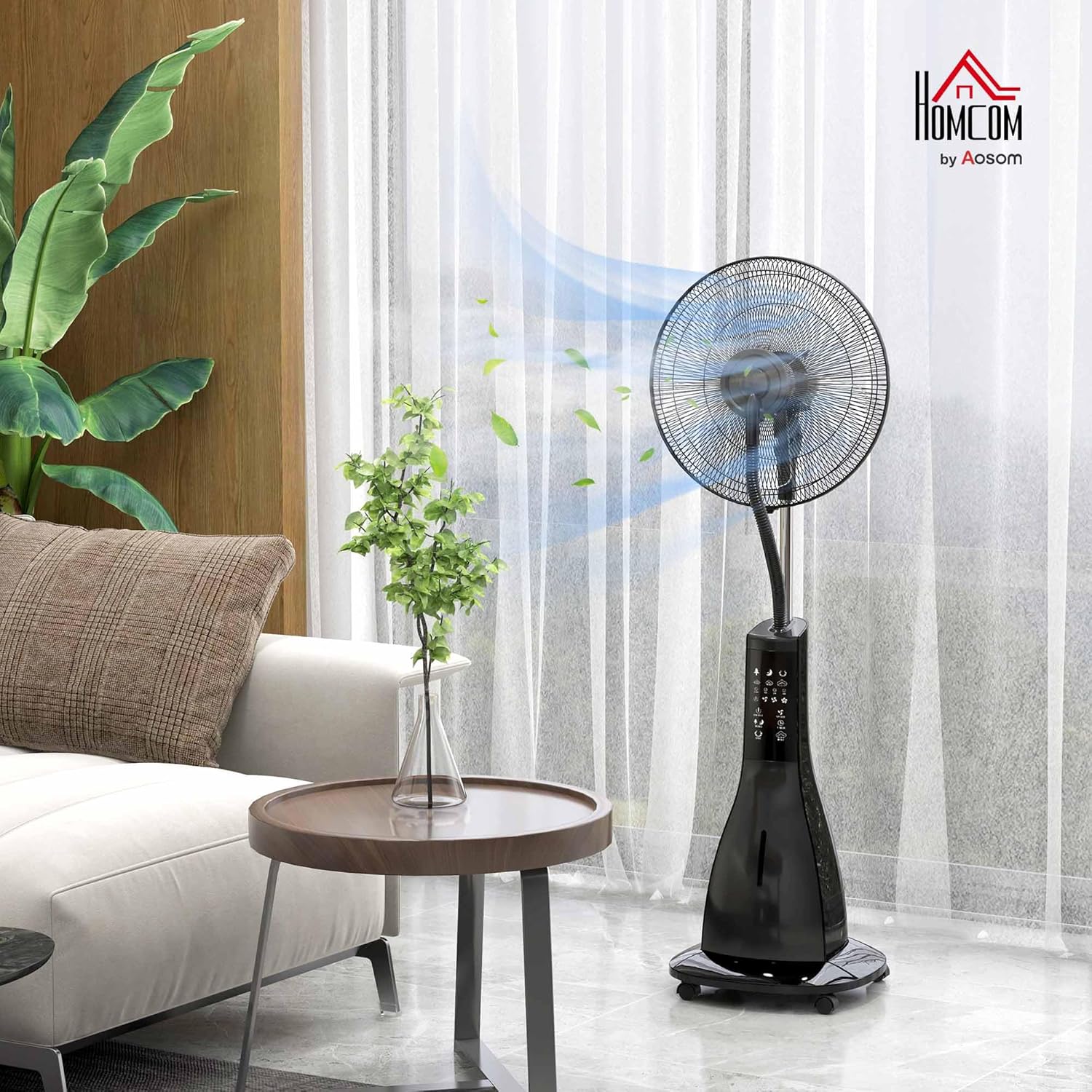 HOMCOM Ventilateur brumisateur sur roulettes ventilateur sur pied 90 W télécommande affichage LED télécommande minuterie 3 modes 3 vitesses oscillant, inclinable réservoir 3L - noir – Image 2