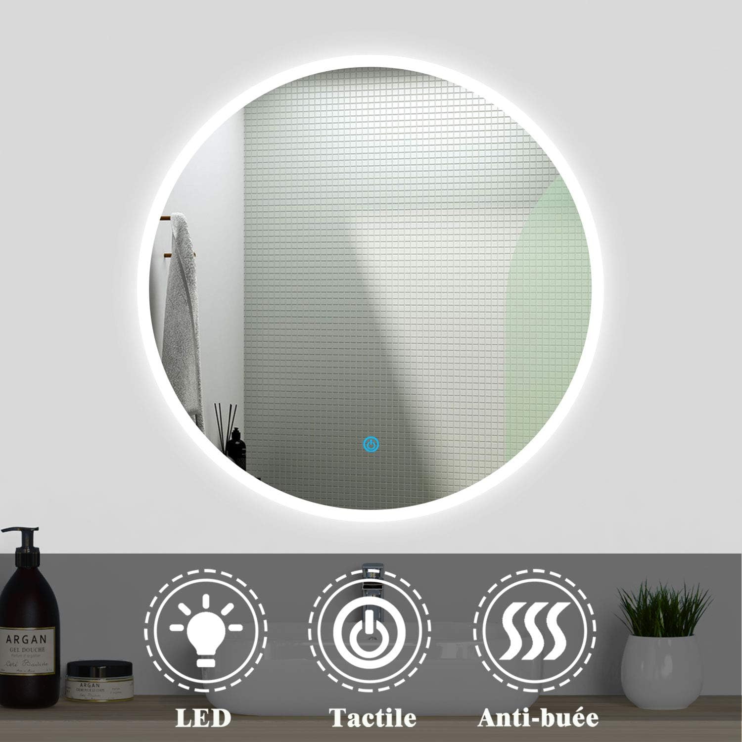 AICA Ensemble Meubles Salle de Bain 80cm Vasque + Colonne + Miroir Rond Lumineux Chêne Wotan – Image 3