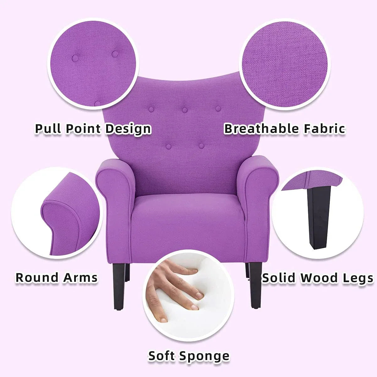 Erommy Modern Accent Chair, High Back Armchair, Upholstered Fabric Button Single Sofa with Wooden Legs for Living Room – Image 99