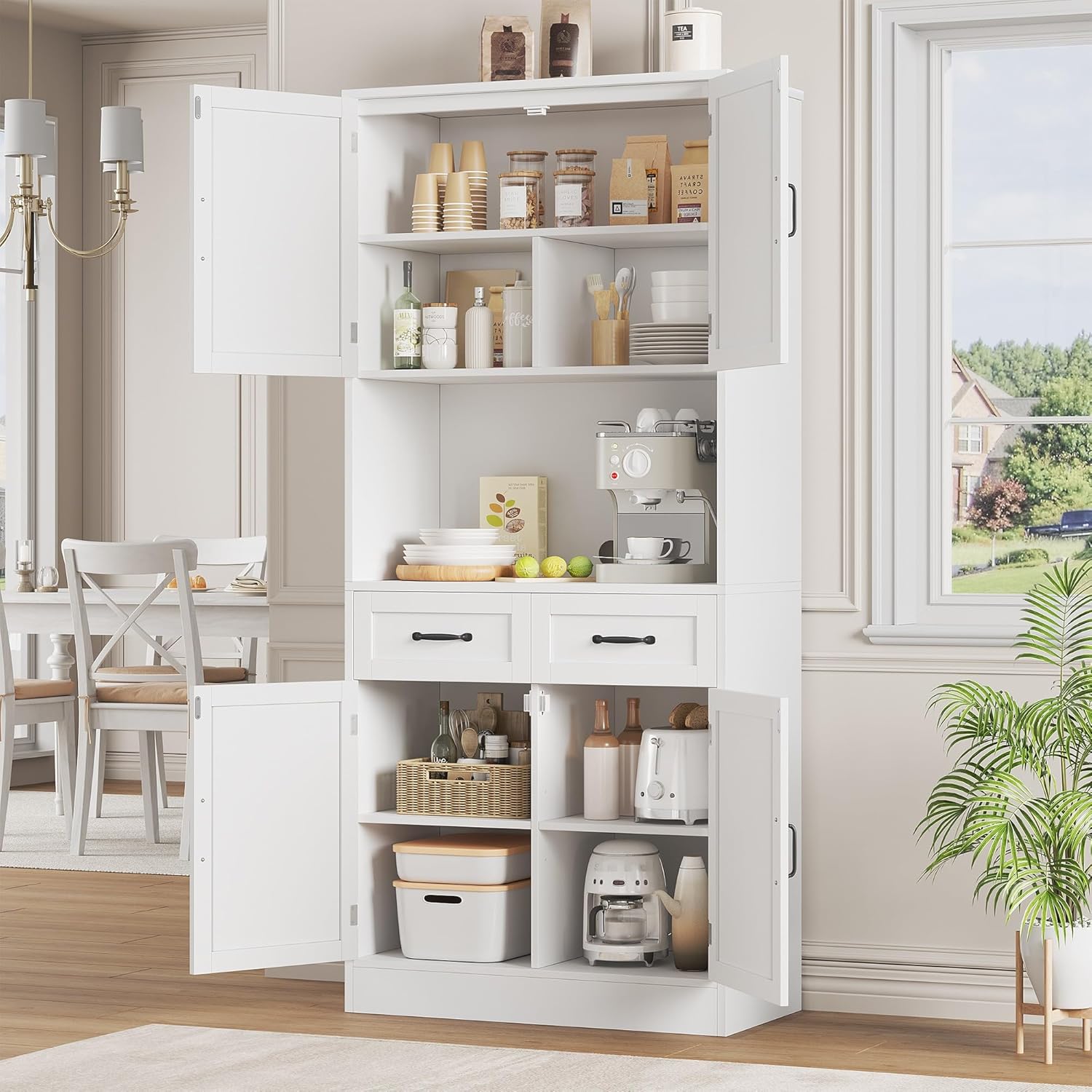HOCSOK Buffet Haut Cuisine, 180 cm Armoire Cuisine avec 4 Portes et 2 Tiroirs, Meuble de Rangement avec Etagères Réglables, Vaisselier Vitrine, Blanc – Image 4