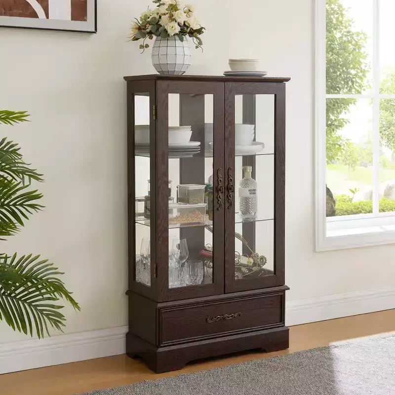 Lighted Glass Curio Cabinet with Adjustable Shelves - Elegant 2-Door Display Cabinet & Built-in Drawer, Includes Bulb – Image 24