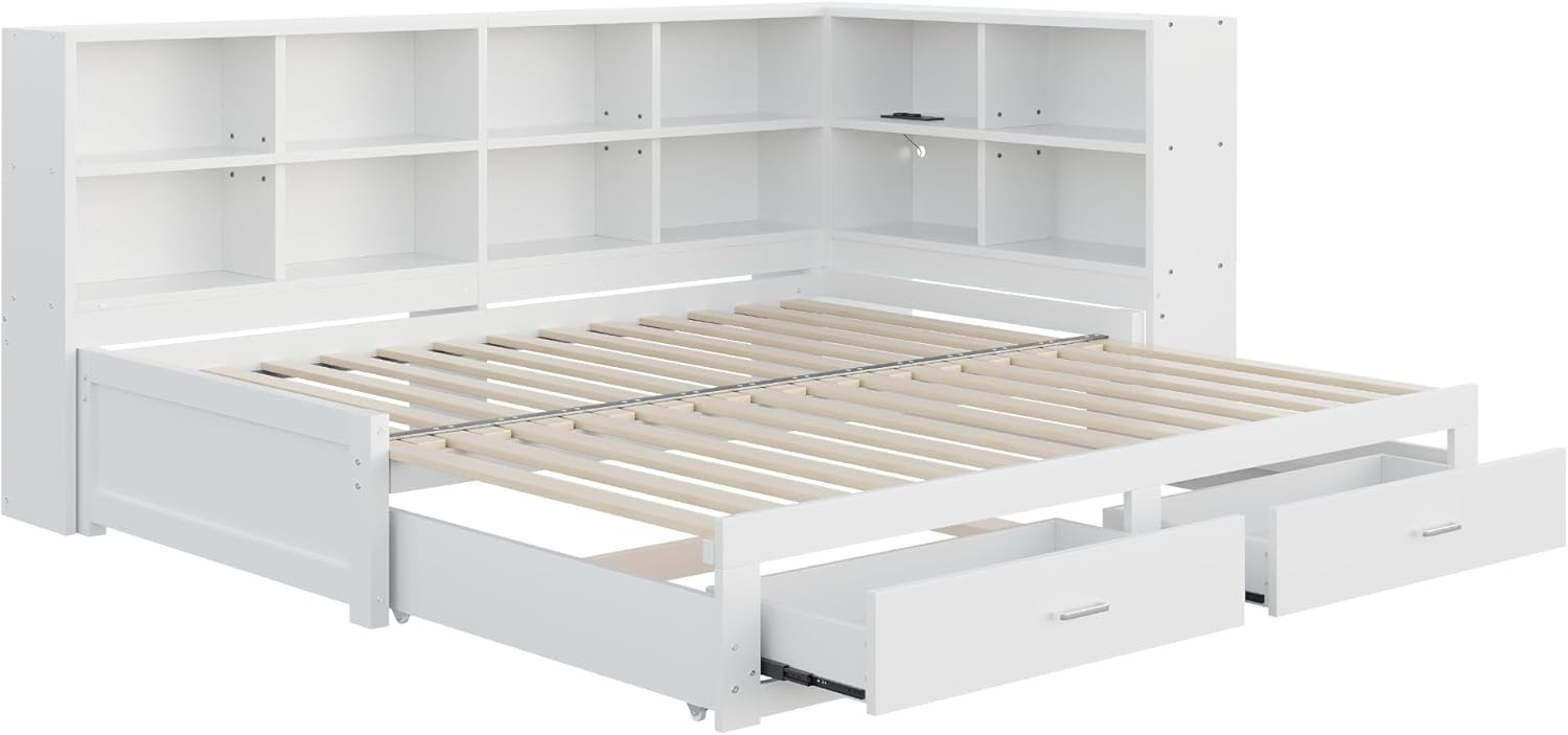 Lit Gigogne 90x190 cm + 180x190 cm - Lit en Bois avec Rangement et Prise Intégrée, Structure Pin et MDF, Matelas Non Inclus - Blanc – Image 9