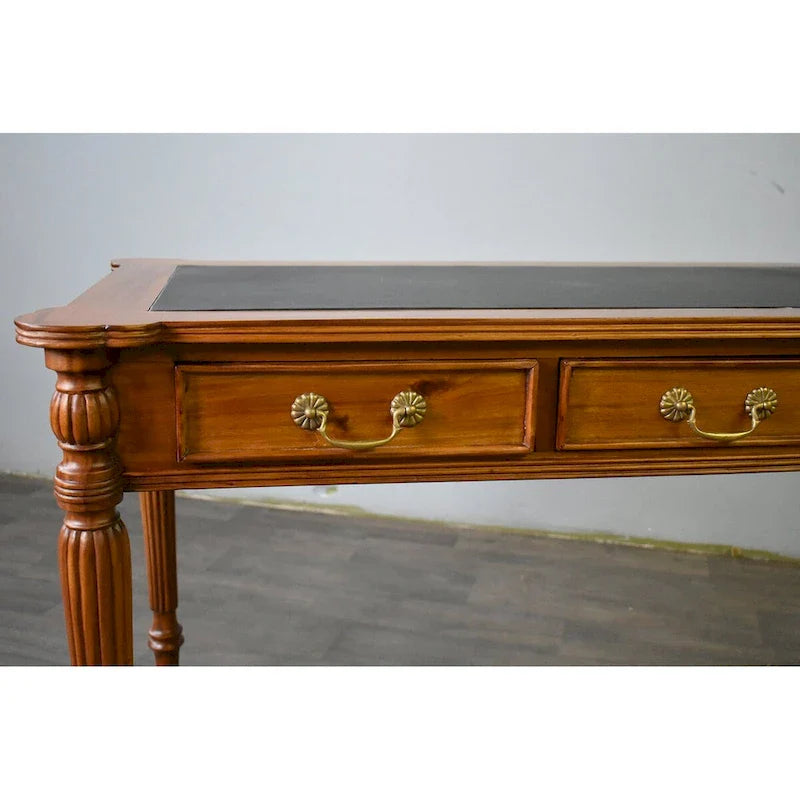 Dark Brown / Light Brown Victorian-Style Solid Mahogany Desk with Black Leather Top and 3 Drawers – Single Unit – Image 4