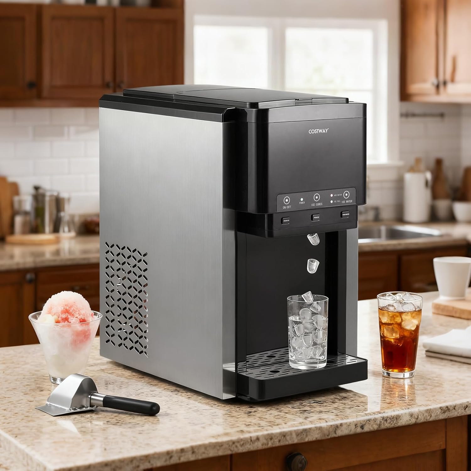 COSTWAY 3 en 1 Distributeur d'Eau avec Machine à Glaçons en Cubes et Glace Pilée 20 kg en 24h, Refroidisseur d'Eau de Comptoir, Remplissage Manuel/Automatique, pour Maison, Cuisine, Bureau – Image 2