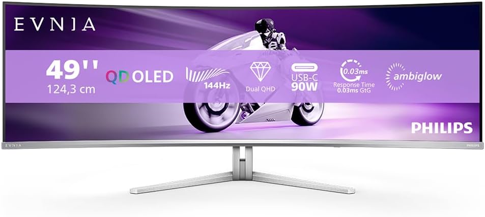 Philips Evnia 49M2C8900L - Moniteur de Jeu incurvé DQHD OLED de 49 Pouces, 144 Hertz, 0,03 ms GtG, HDR400, Ambiglow, FreeSync Prem. Pro (5120 x 1440, HDMI 2.1, DisplayPort 1.4, USB-C, hub USB) Blanc – Image 2