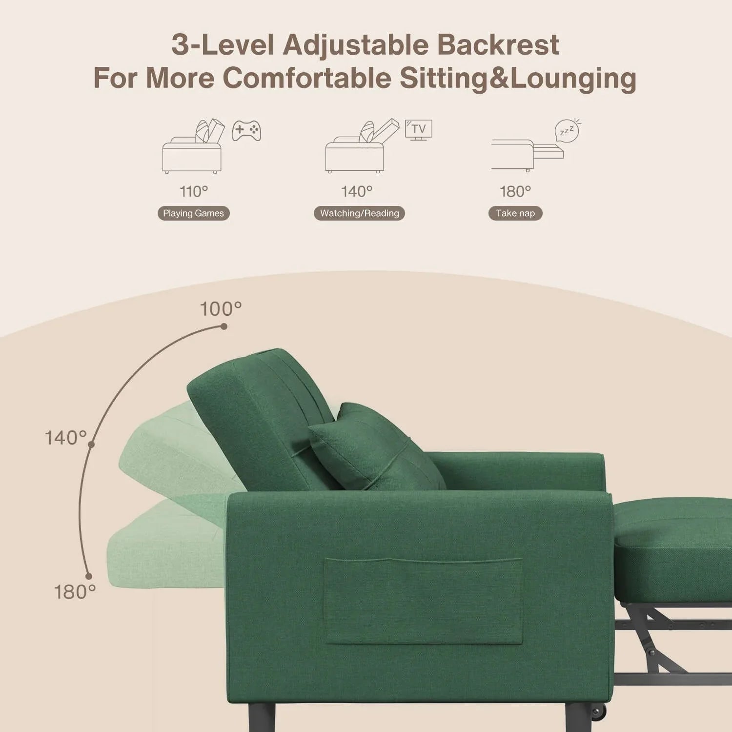 3-in-1 Adjustable Sleeper Sofa Bed, Pull Out Chair Sofa, Convertible Folding Bed for Living Room – Image 52