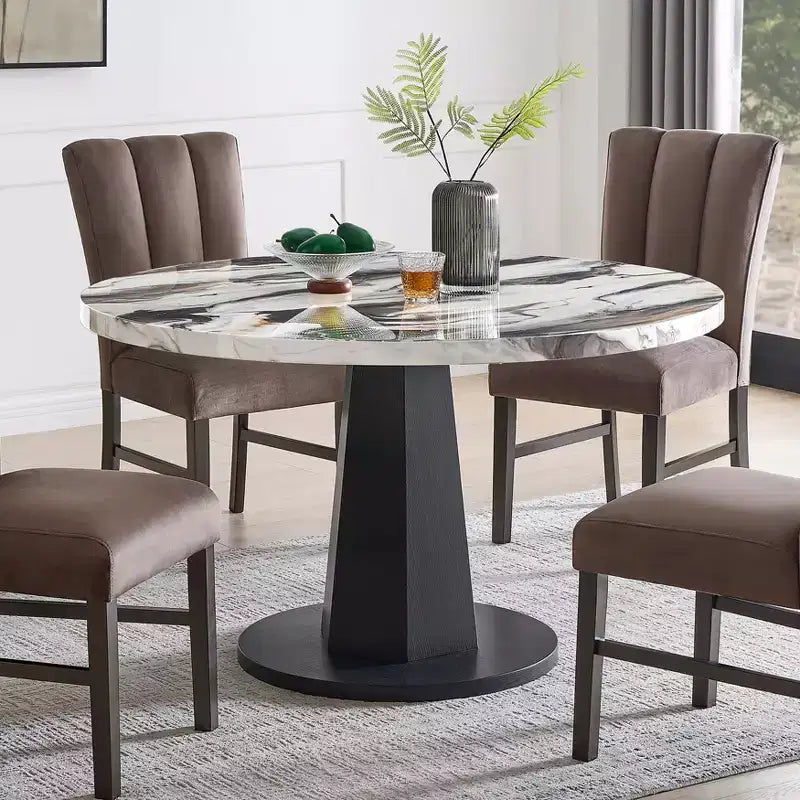 Roundhill Furniture Cavira Modern Faux Marble Dining Table with Wood Pedestal Base – Image 3