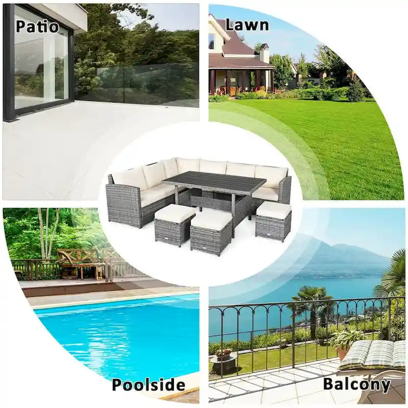 7 Pcs All-Weather Patio Rattan Dining Furniture Sectional Sofa Set with Wicker Ottoman and Cushed Couch – Image 34