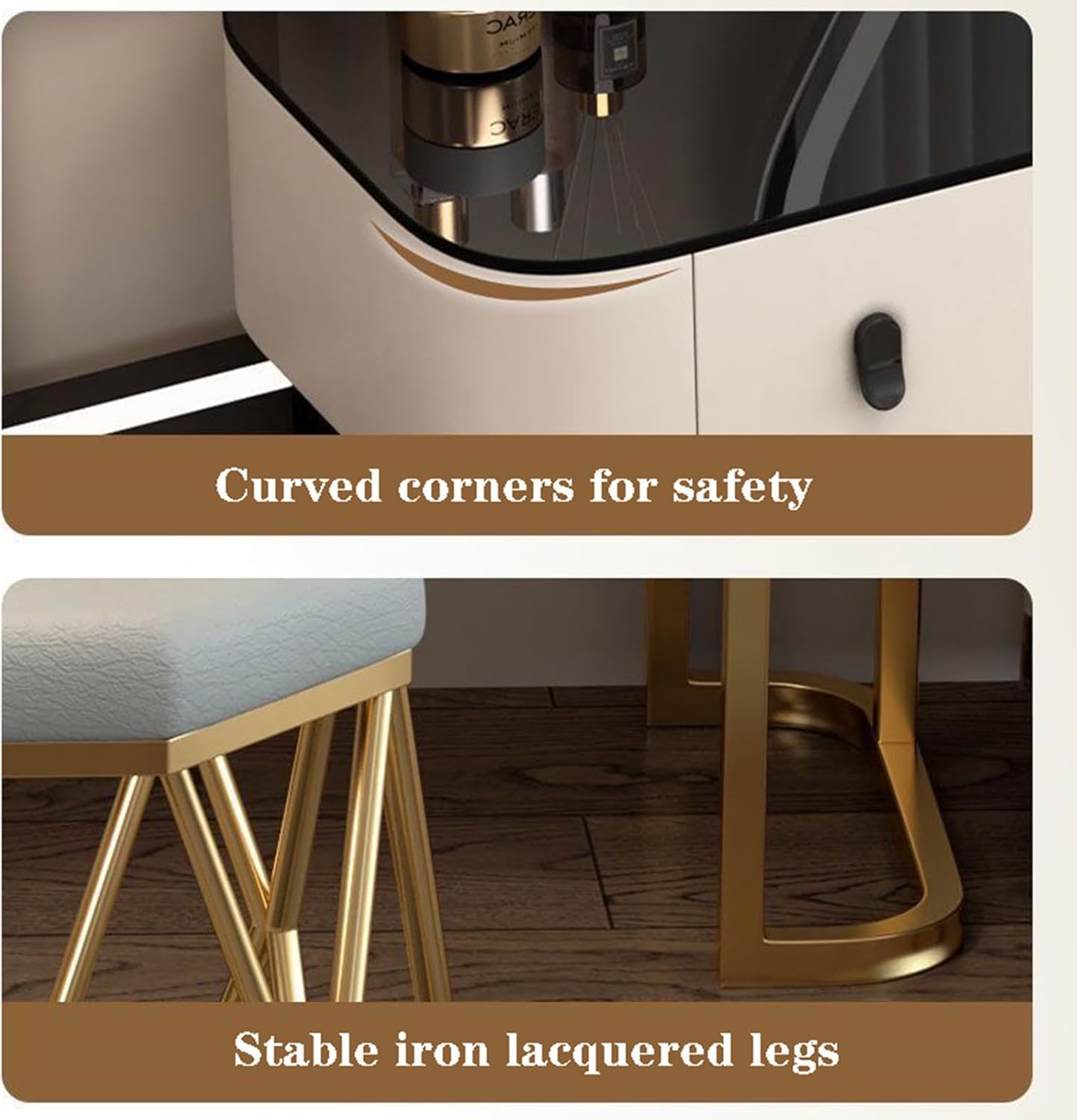 Meedlopia Coiffeuse Luxe Miroir LED HD 3 Teintes, Table d'Appoint Déplaçable, Surface Marbre - Coiffeuse Élégante avec Tabouret de Rangement pour Femmes et Filles – Image 4