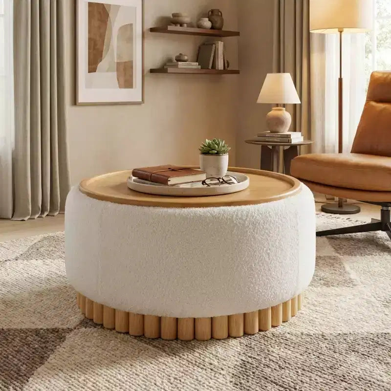 Polibi Round Storage Ottoman with Solid Wood Cylinder Base & Reversible Lid – Image 2