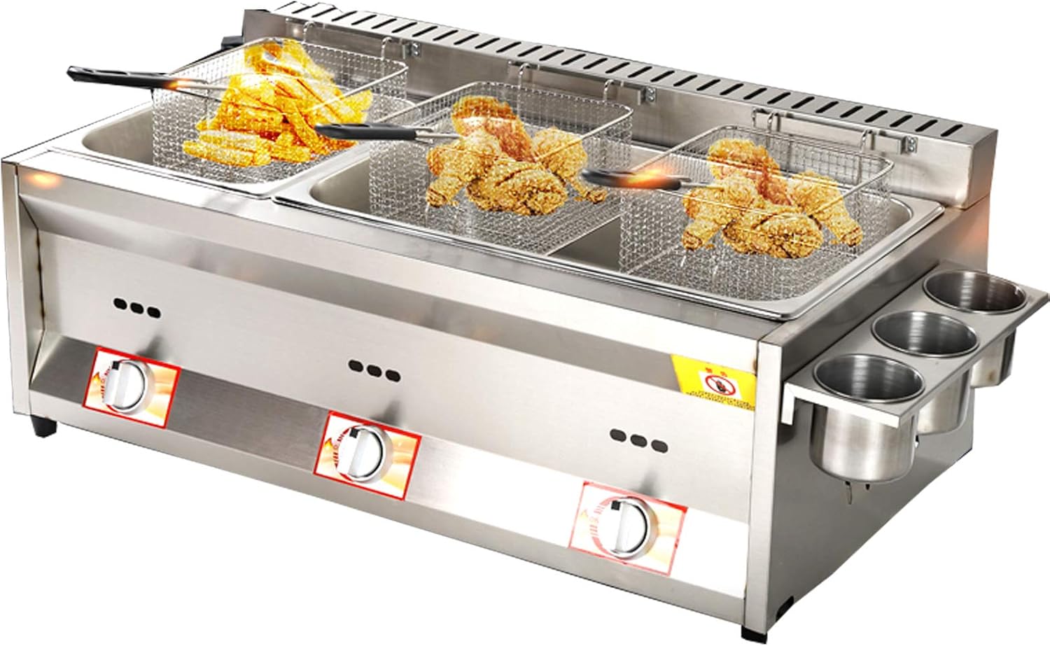 Friteuse épaisse à gaz en acier inoxydable, friteuse à panier à trois cylindres commerciale avec couvercle friteuse de grande capacité pour frire les aliments frites domestiques poulet frit 10L x 3