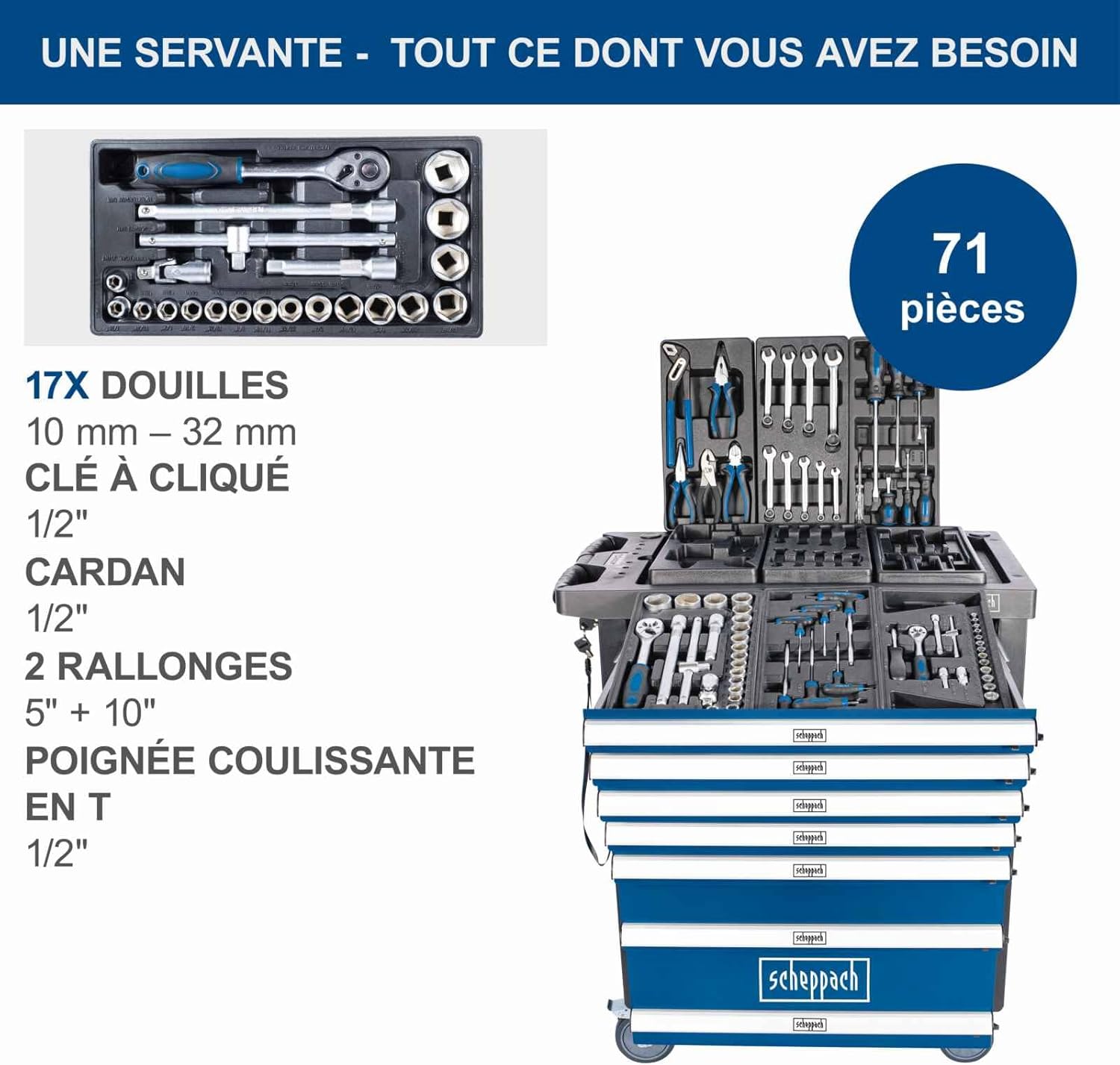 Scheppach Servante d'atelier Toute équipée TW1100-70 Outils - 4 roulettes - verrouillable et Mobile - 7 tiroirs – Image 7