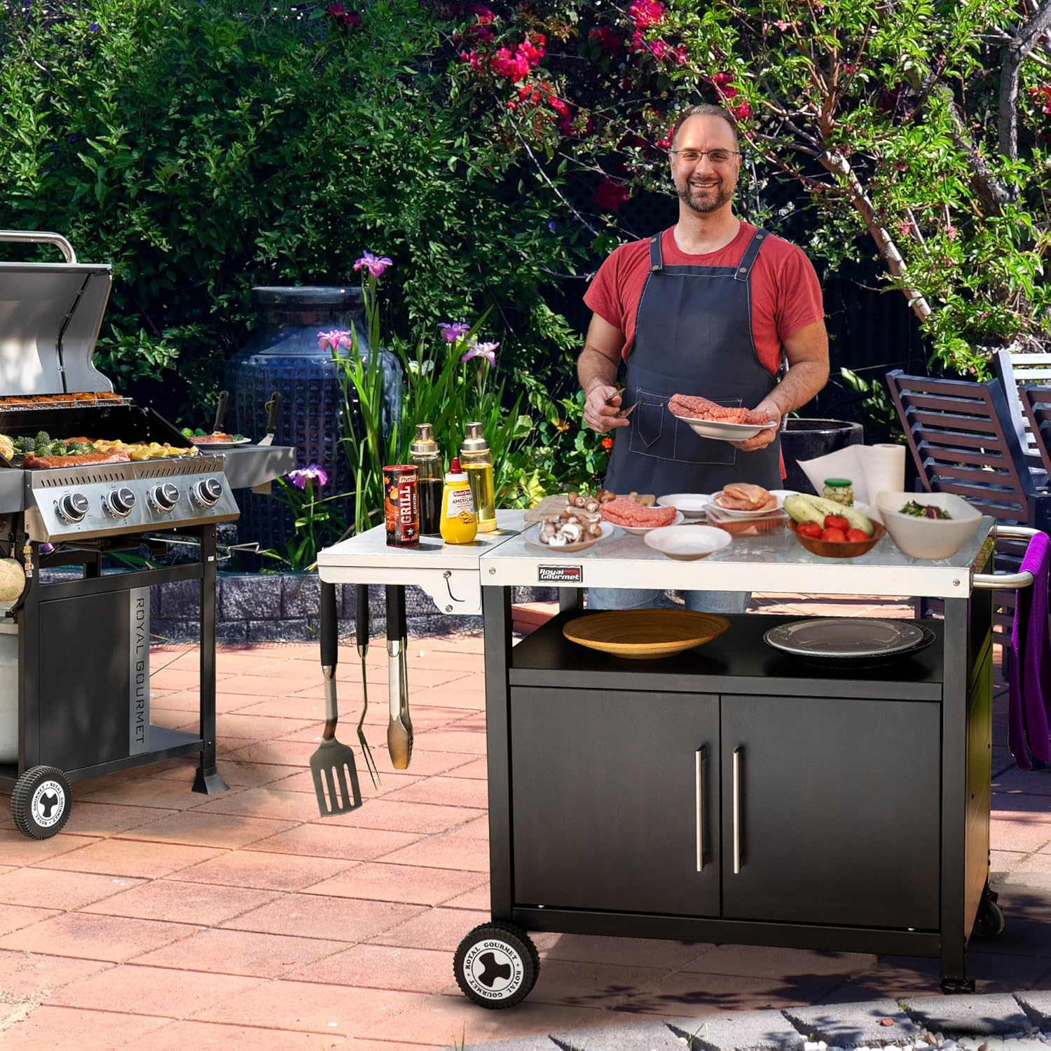 Royal Gourmet Chariot de Barbecue avec Porte d'Armoire, Desserte Extérieure pour Plancha avec Dessus de Table en Acier INOX 85 x 50cm et Table d'Appoint Pliable de 30 x 50cm, pour Cuisine et Jardin – Image 4