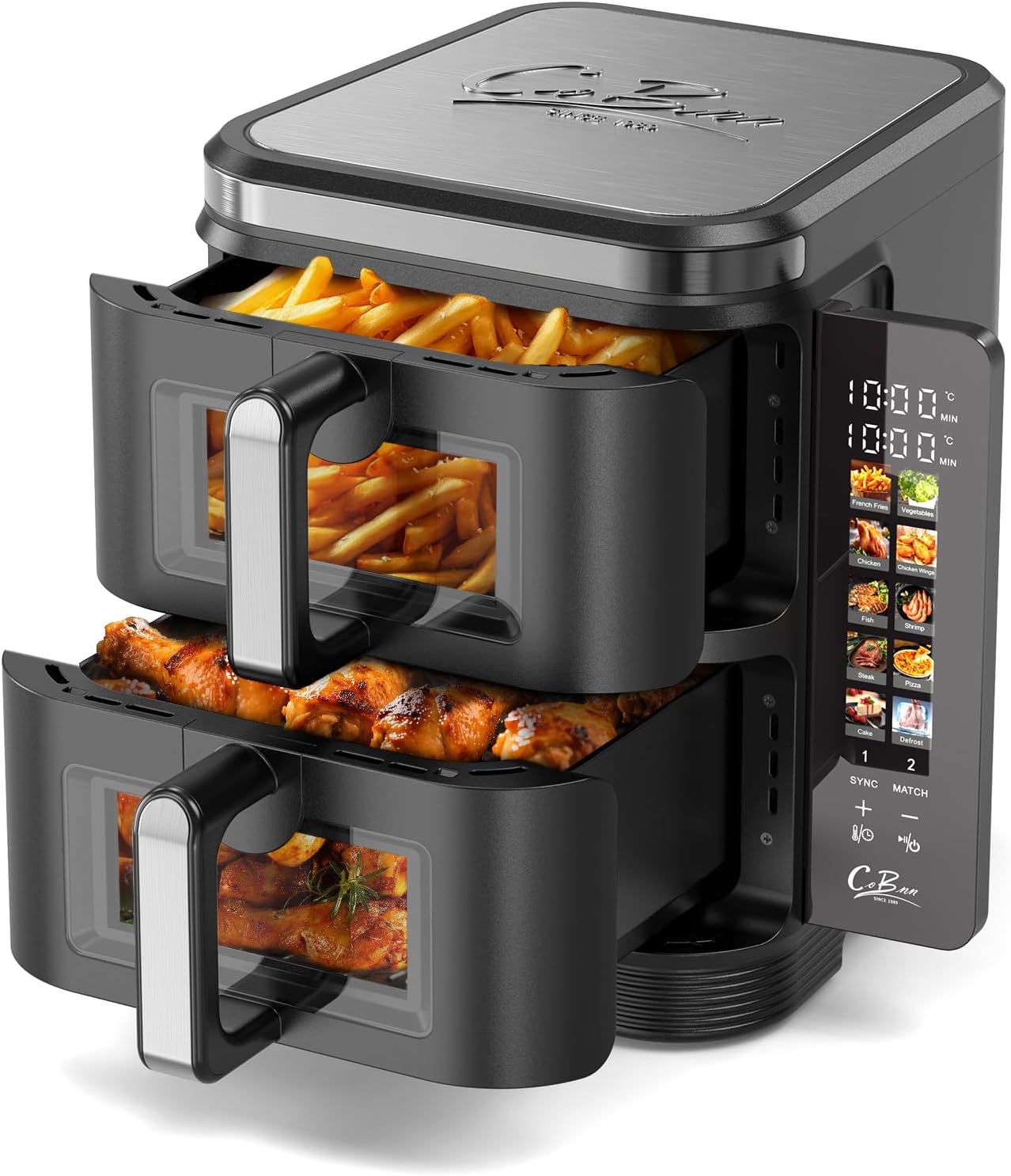 COBNN Friteuse à air verticale double compartiment, 11L Dual Zone Airfryer avec écran couleur pliable, 10 programmes, fenêtre de visualisation, matériau ignifuge V0, 2800W