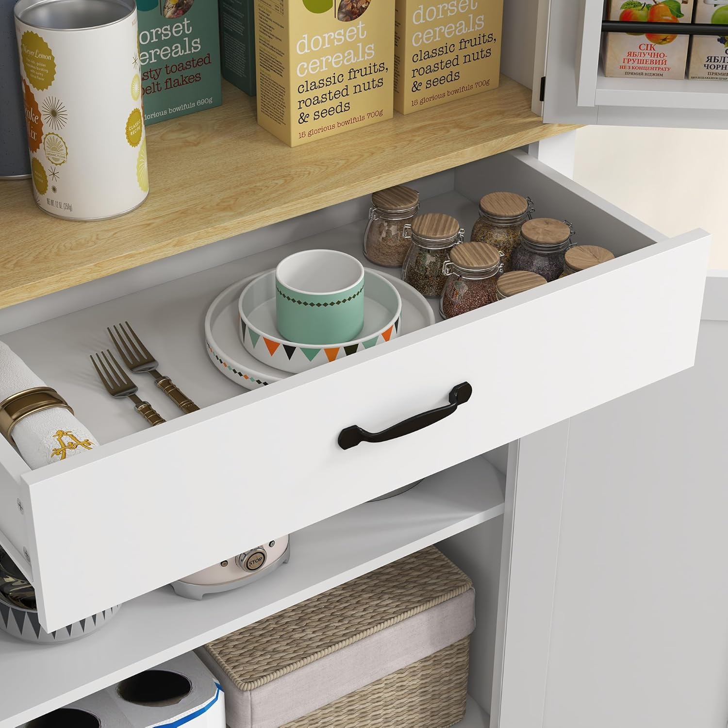 HOMCOM Armoire de Cuisine Buffet Cuisine vaisselier Meuble de Rangement avec 4 Portes, 6 étagères à Porte,1 tiroir et étagères réglables, 76,5 x 40 x 181 cm, Blanc – Image 9
