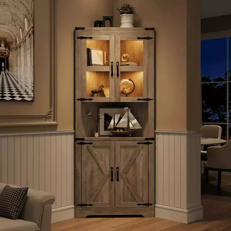 67 in Tall Corner Storage Cabinet with Lights, Farmhouse Corner Hutch Display Cabinet with Glass Doors, Wooden Storage Organizer for Kitchen, Bathroom – Image 3