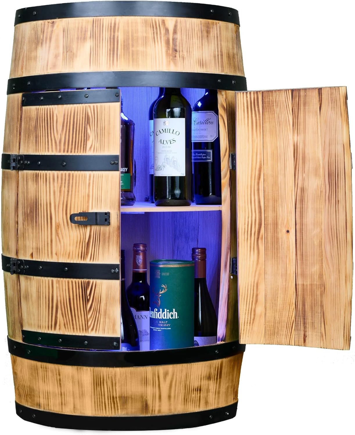 CREATIVE COOPER Tonneau à vin Table haute avec porte et LED RVB - Armoire à alcool Étagère à bouteilles en bois - Tonneau en bois - Mobilier tonneau - Bois de conifère - Étagère à vin - Bar à vin