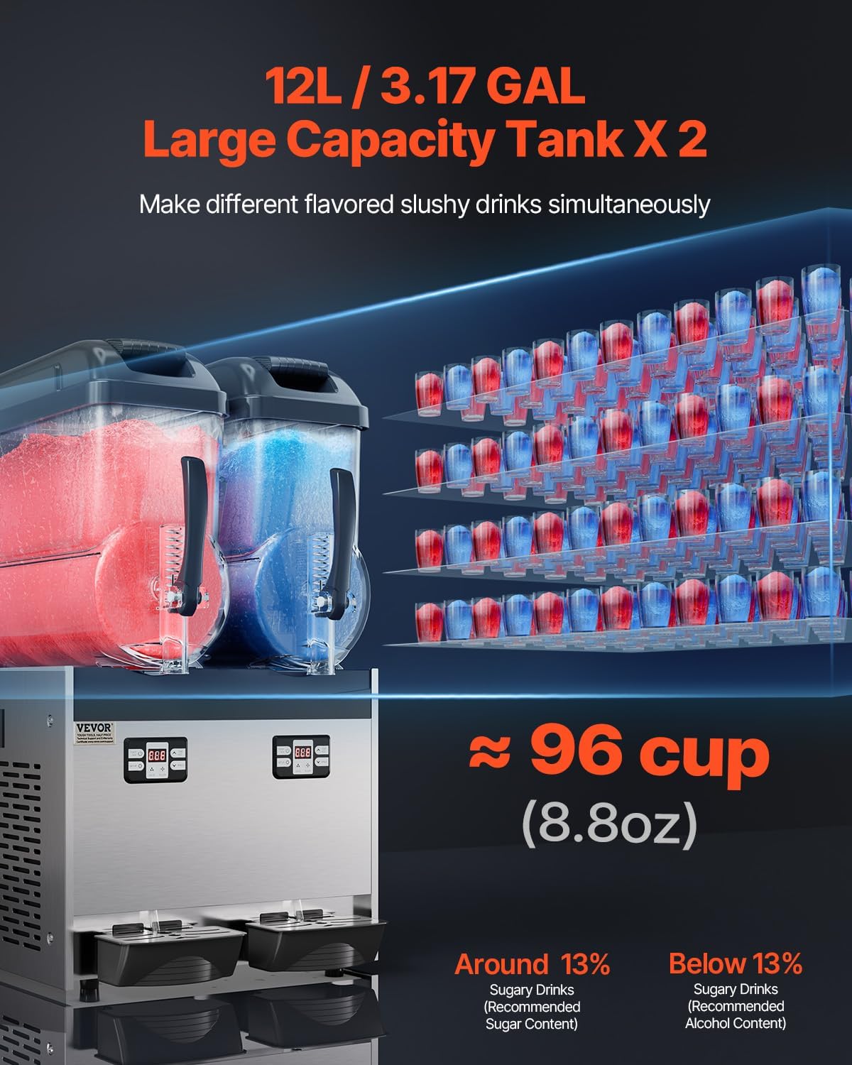 VEVOR Machine à Granité Commerciale 2x12 L Double Réservoir, Machine à Boissons Glacées en Inox de 96 Tasses, Distributeur de Boissons Frappées Granitas Margarita Smoothie, pour Restaurants Cafés Bars – Image 2