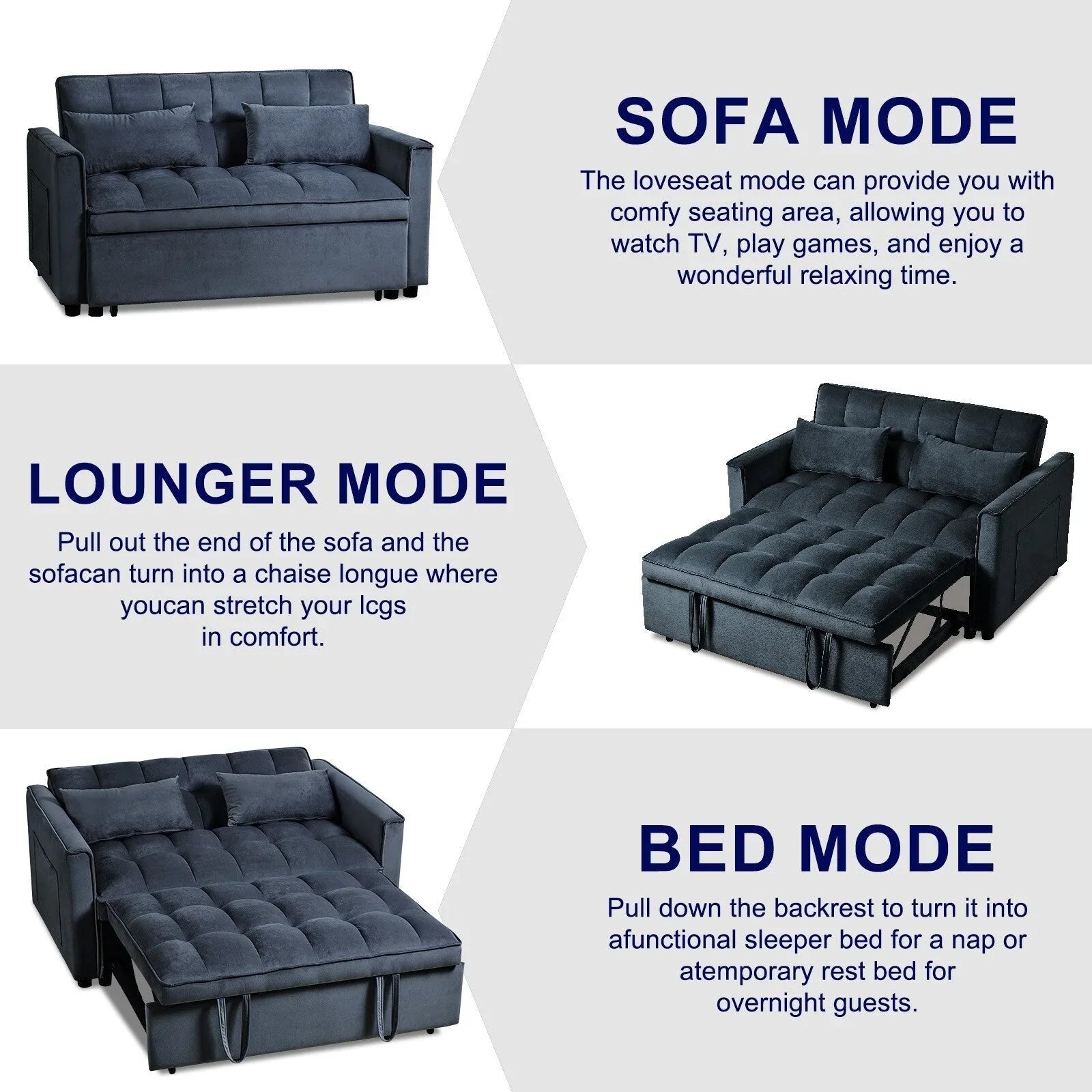 Modern Pull-Out Couch Bed, 3-in-1 Sleeper Sofa with Adjustable Backrest, Velvet Loveseat, Pillows & Side Pockets – Image 21